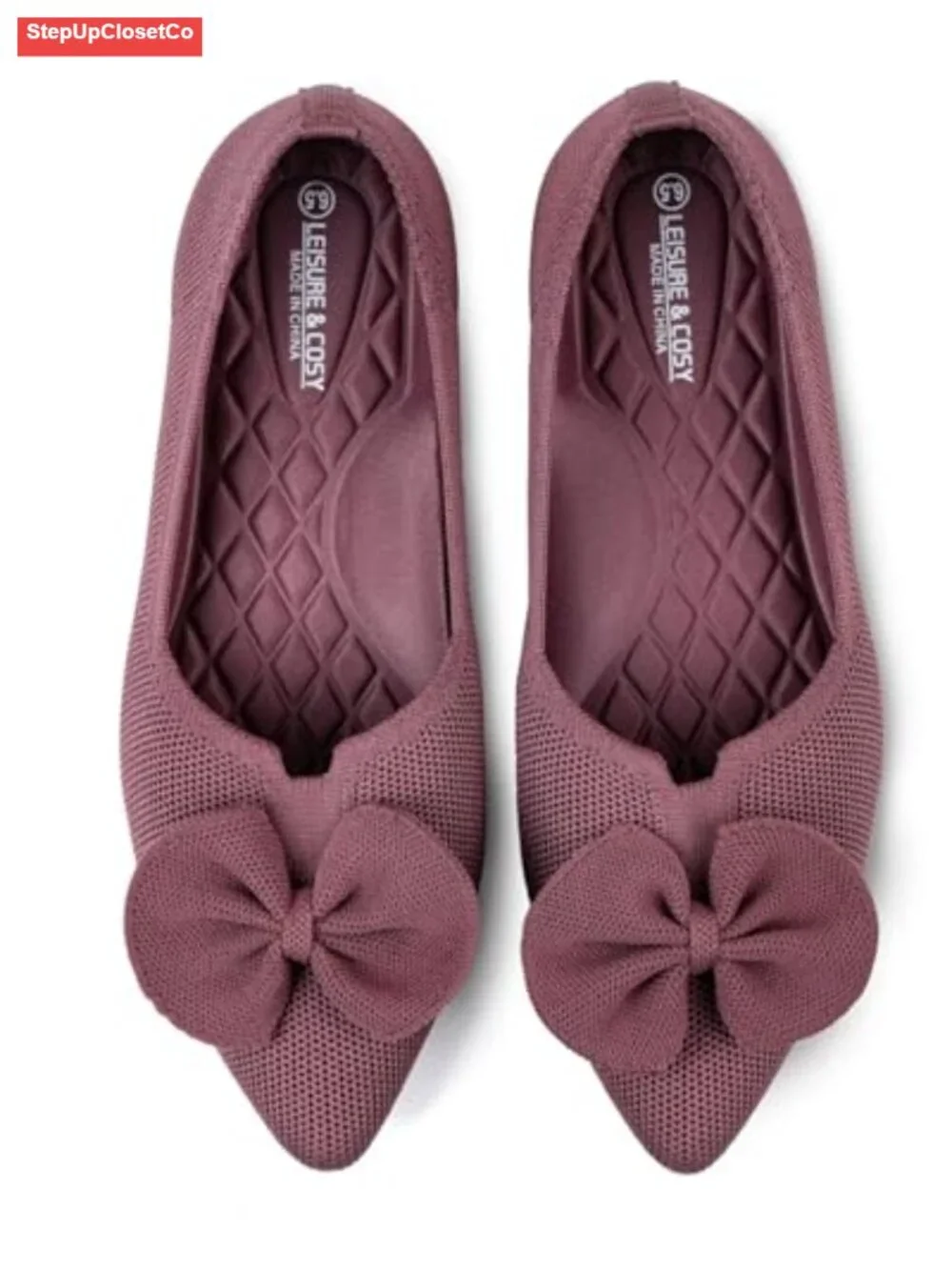 Pointed Toe Knit Ballet Flats with Bow Slip-on Dressy Shoes Non-slip Outsole - Picture 6 of 6